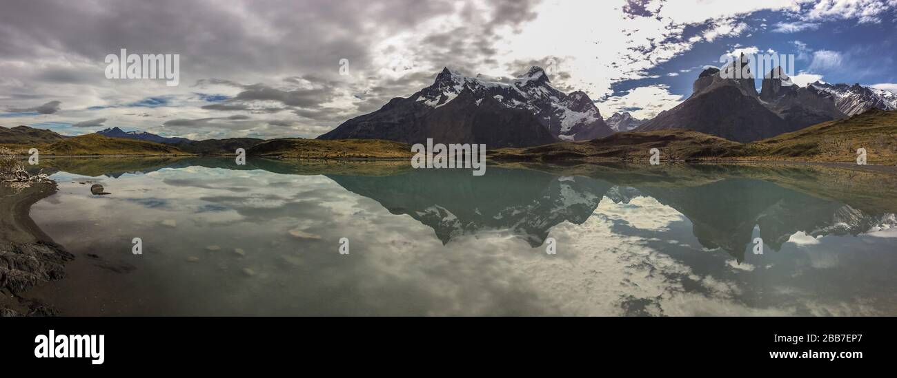 mirror of Cerro Paine Grande and Cuernos del Paine, Torres del Paine national park, patagonia, Chile Stock Photo