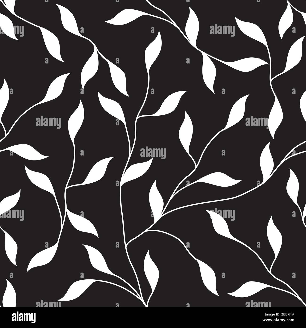 Black and White Leaves and Vines Seamless Repeating Vector Pattern Stock Vector