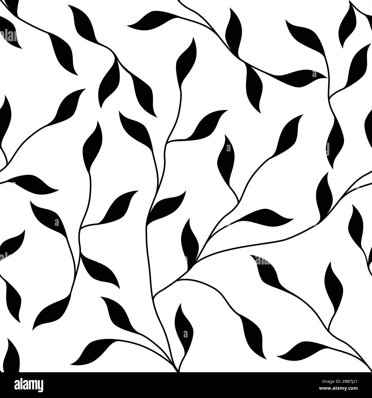 Black and White Leaves and Vines Seamless Repeating Vector Pattern Stock Vector