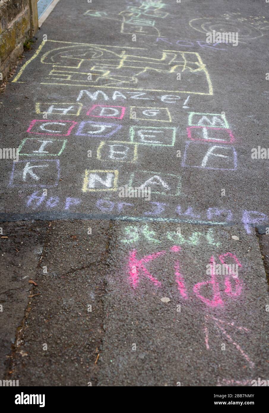 Millhouses, Sheffield, UK. Children are turning to traditional games like hopscotch, with chalk