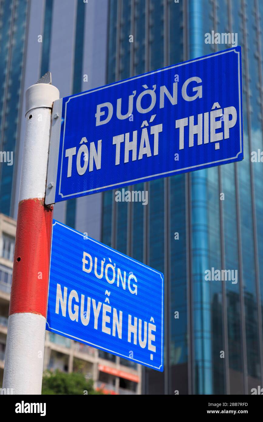 Road sign on Nguyen Hue Street,Ho Chi Minh City (Saigon),Vietnam,Asia