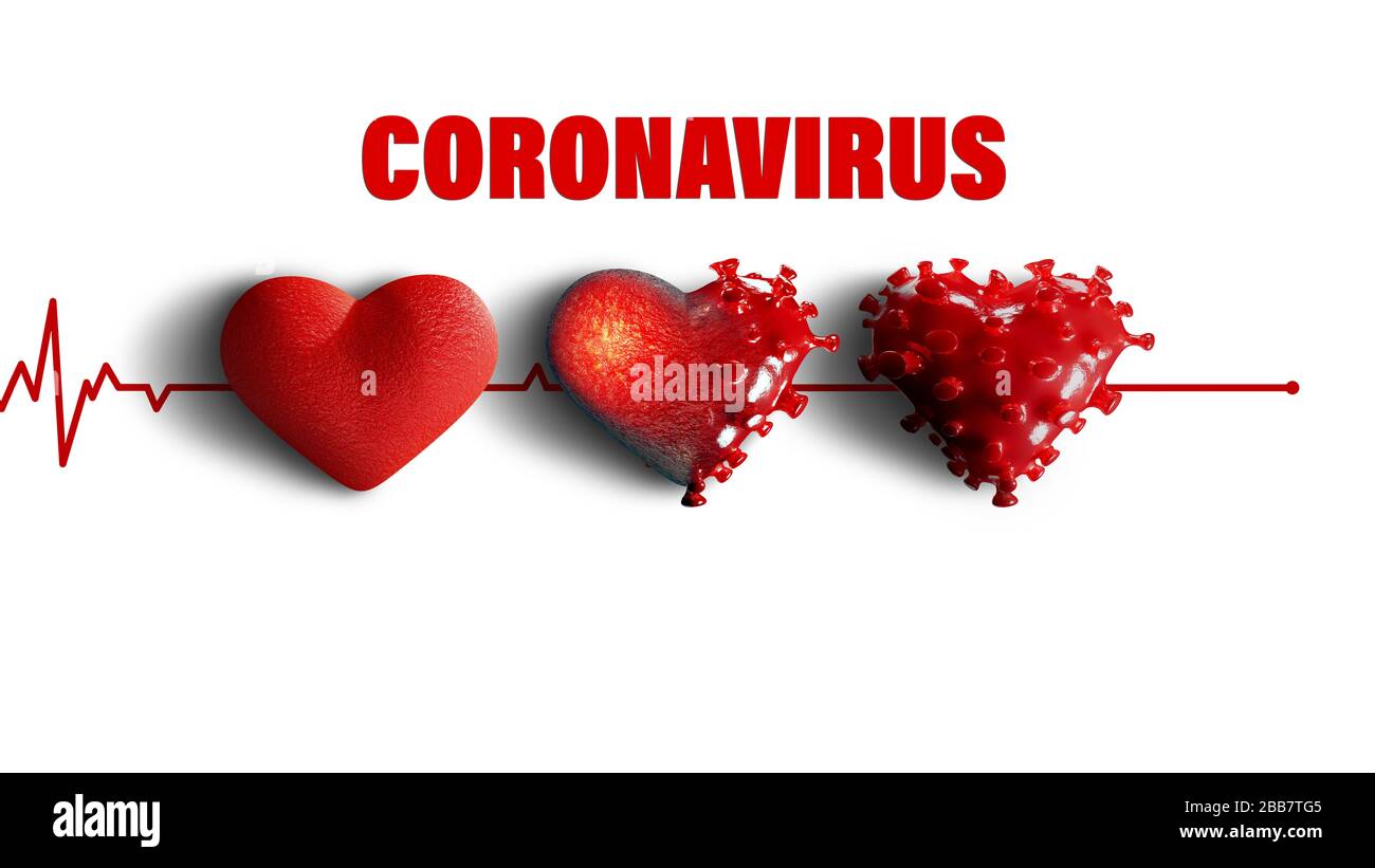 3D render - The course of heart disease after coronavirus infection. Covid-19 attacks the heart muscle causing its inflammation. This can lead to a he Stock Photo