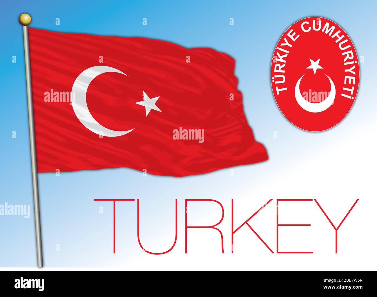 Turkey official national flag and coat of arms, Europe and Asia, vector illustration Stock Vector