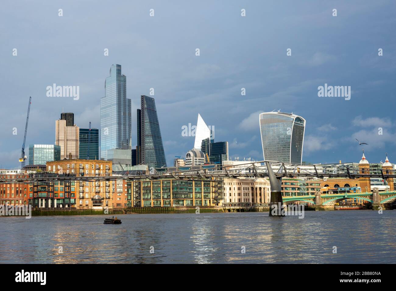 City of London, skyline, financial district, skyscrapers, River Thames, Millennium Bridge, UK, 2020, sunny, Stock Photo