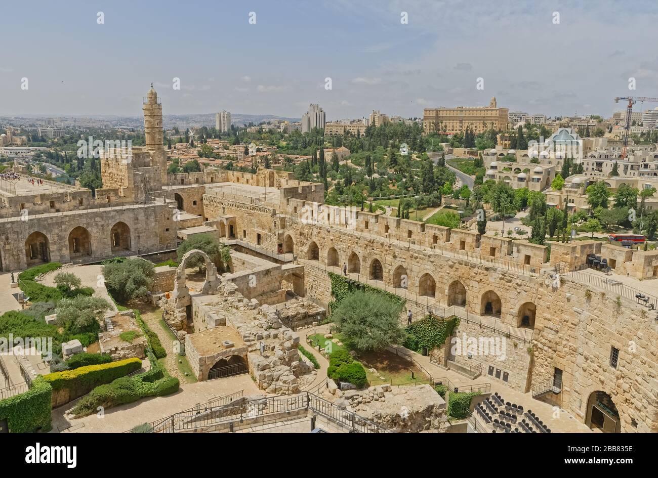 View of the Tower of David courtyard and new Jerusalem in the background Stock Photo
