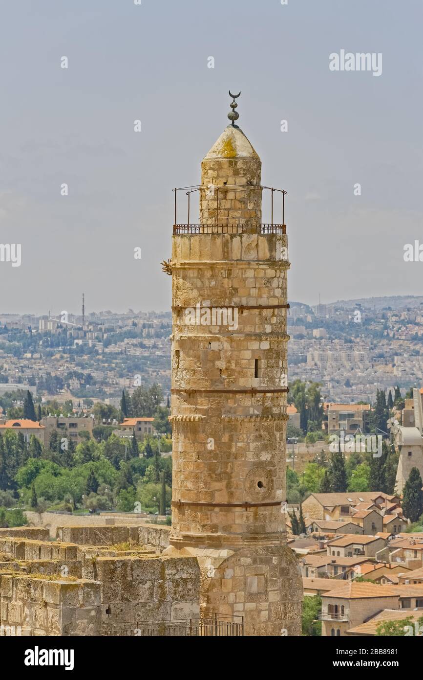 Ottoman minaret in the Tower of David courtyard in Jerusalem Stock Photo