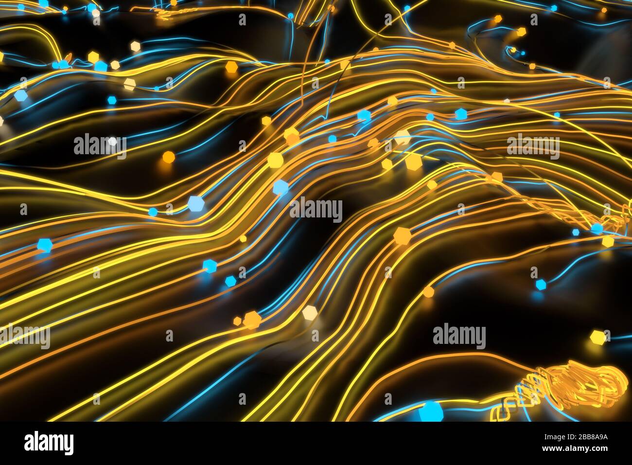 Neon glowing twisted cosmic lines on the glossy surface. Turbulence curls flow colorful motion. Fluid and smooth astronomy vortex swirl structure. 3d Stock Photo