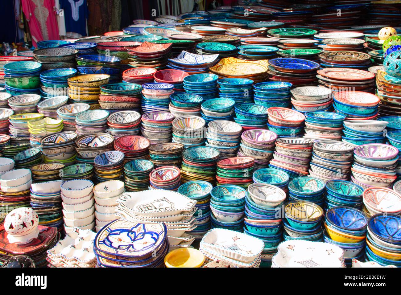 Marrakesh (Morocco) is well known for its brightly coloured pottery, for sale in the souks (markets) in the famous Medina. Stock Photo