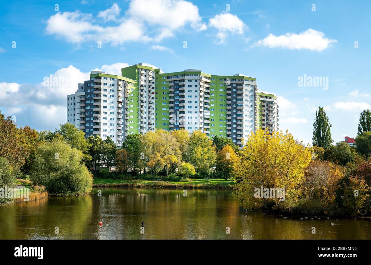 Berlin, Germany, the Seggeluchbecken with the high-rise buildings of the residential area Märkischen quarter in Berlin Reinickendorf Stock Photo