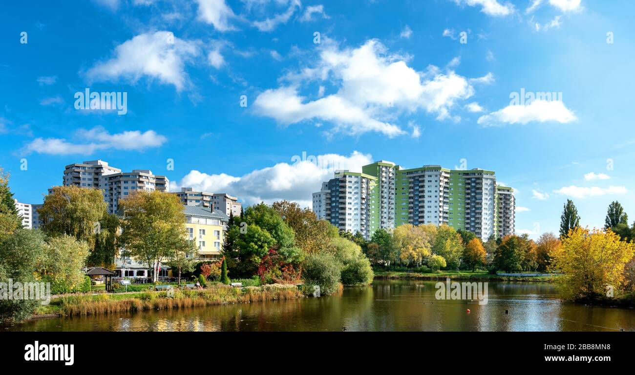 Berlin, Germany, the Seggeluchbecken with the high-rise buildings of the residential area Märkischen quarter in Berlin Reinickendorf Stock Photo