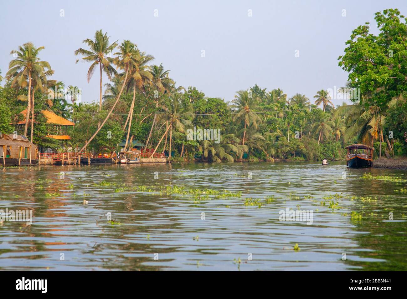 Alleppey, Kerala, India - March 30, 2018: Backwaters canal. Taken in the morning with only one man seen from far away. Stock Photo