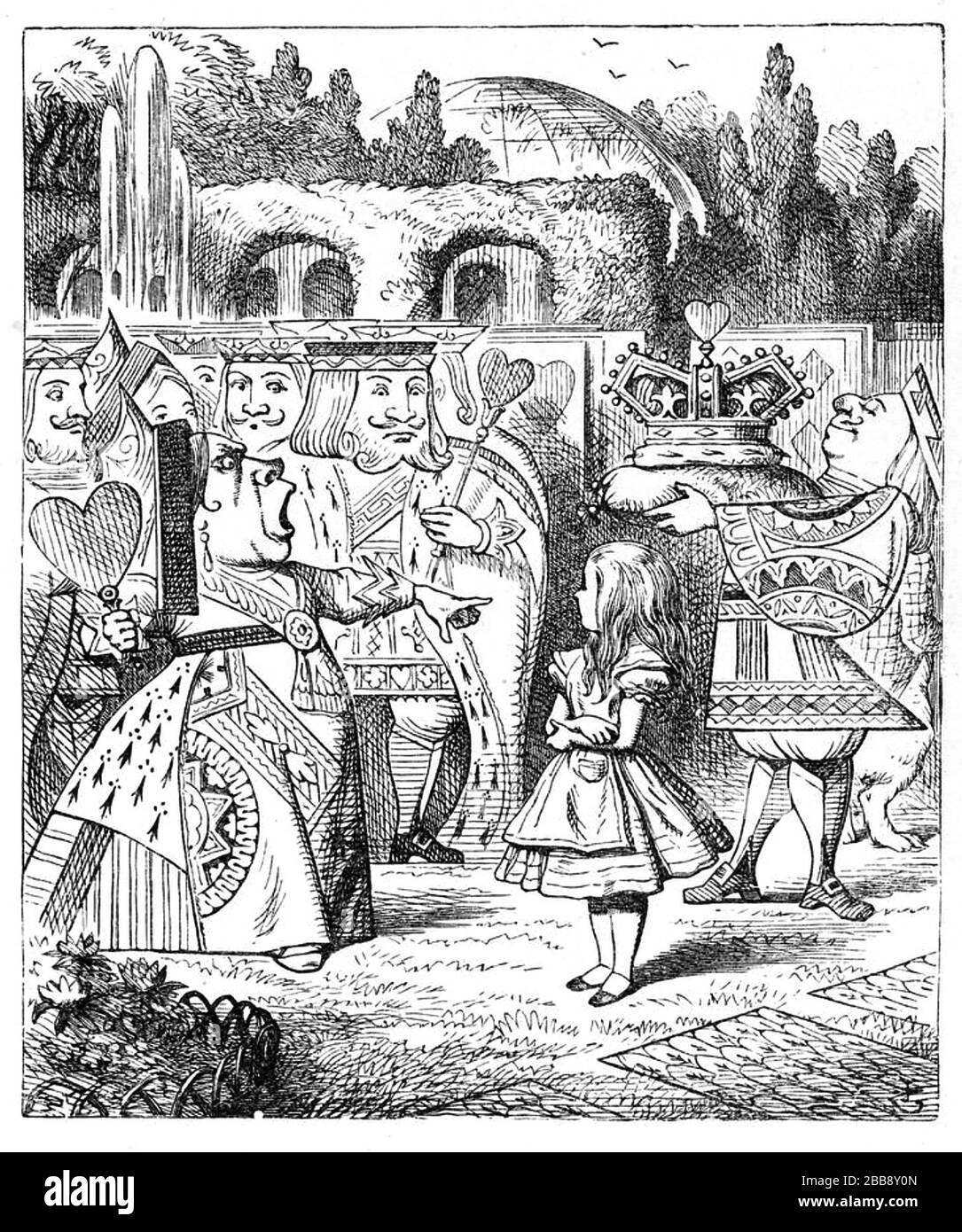 ALICE'S ADVENTURES IN WONDERLAND The Queen of Hearts orders 'Off with his head !' Illustration by John Tenniel 1865 Stock Photo