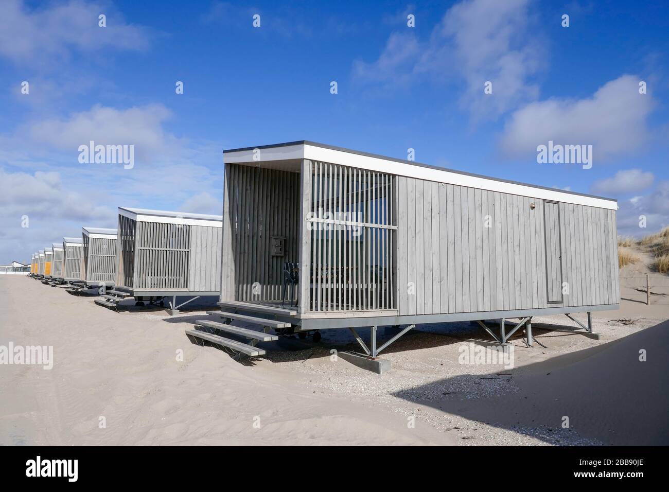 wooden beach houses for rent at Kijkduin, Den Haag, Holland Stock Photo