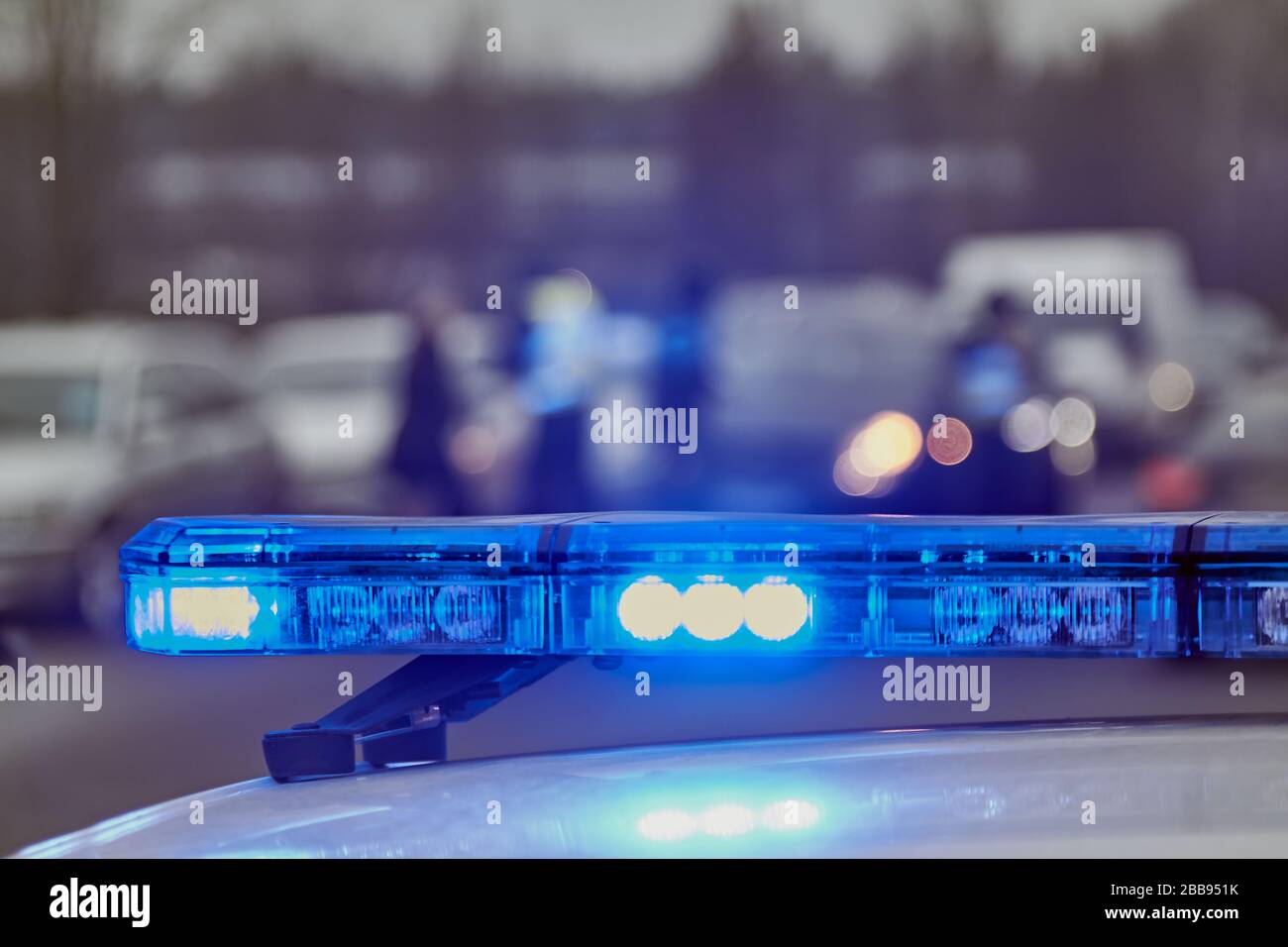 Police car blue lights on a car accident place Stock Photo Alamy