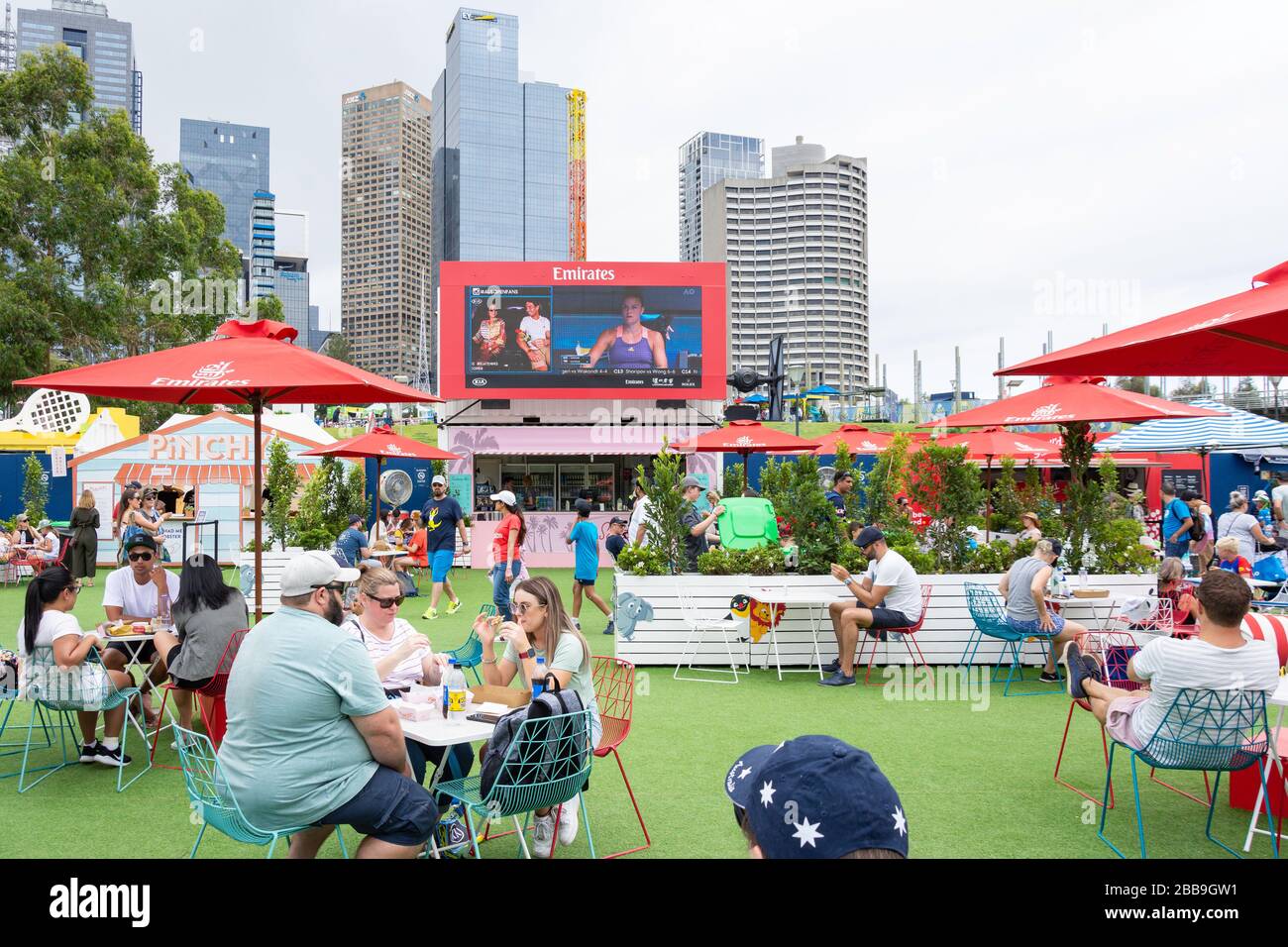 Outdoor food court at Melbourne Open 2020 tennis tournament, City Central, Melbourne Park, Melbourne, Victoria, Australia Stock Photo