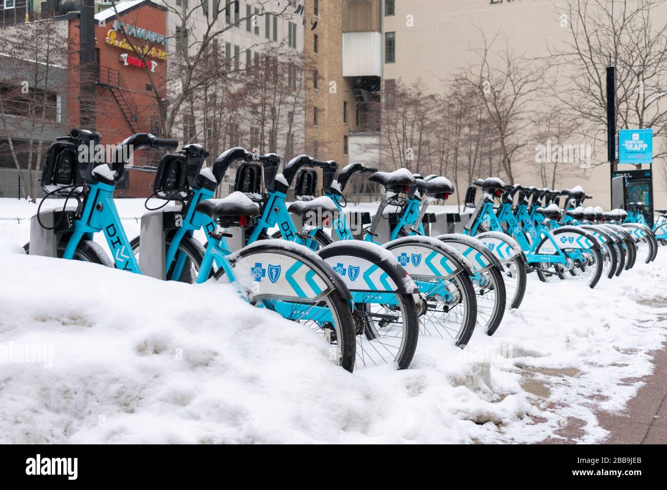 A Row of Divvy Bikes covered in Snow during a Snow Storm Stock Photo