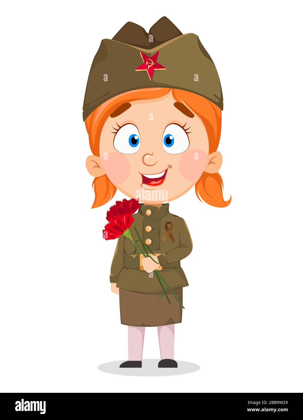 May 9. Cute girl holding flowers. Happy Victory day. Russian holiday. Vector illustration on white background Stock Vector