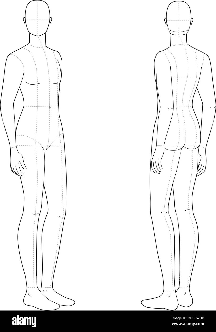 Fashion template of standing men. 9 head size for technical drawing with  and without main lines. Gentlemen figure front and back view. Vector outline  boy for fashion sketching and illustration Stock Vector