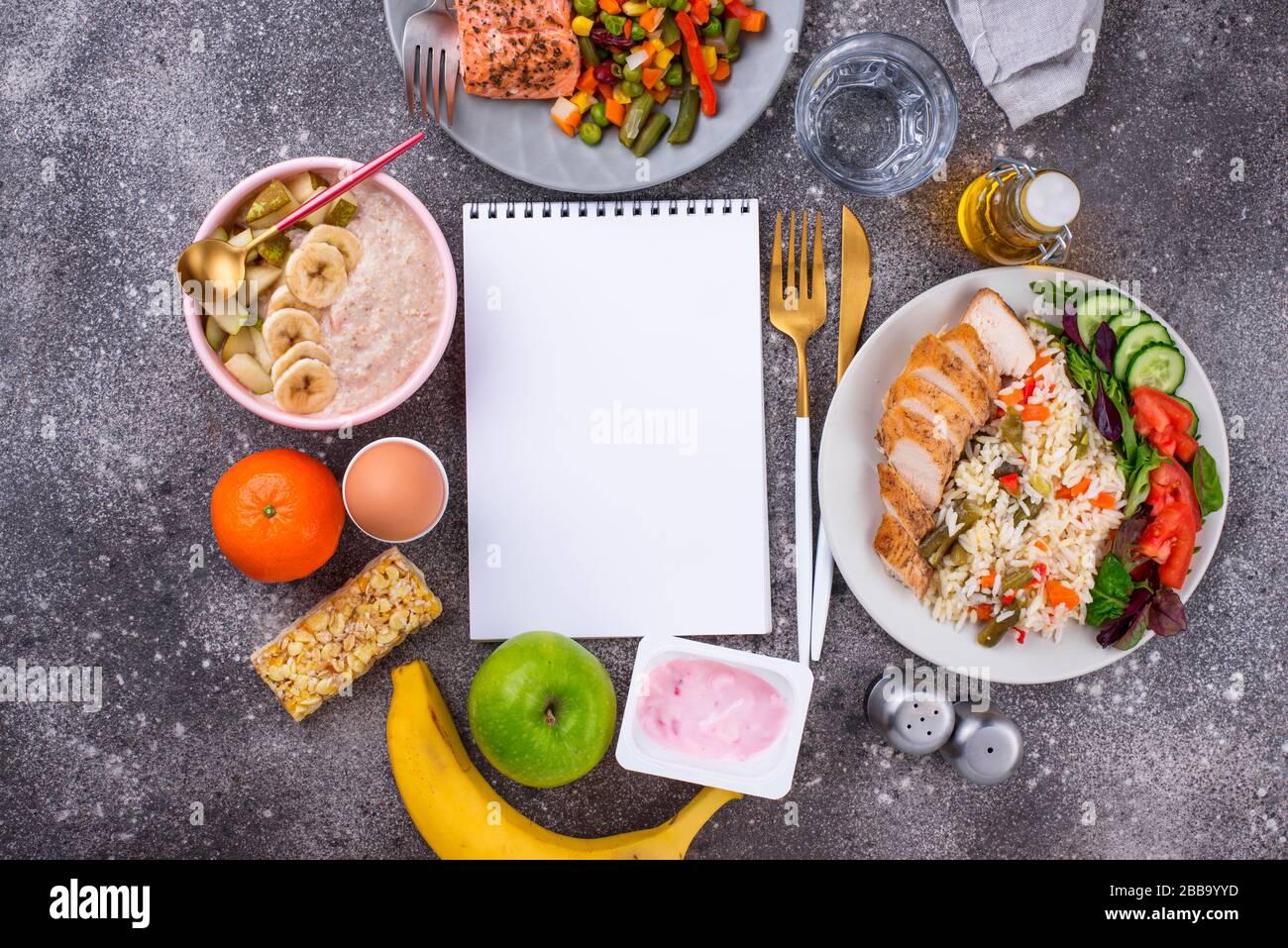Breakfast, lunch and dinner. Balanced menu Stock Photo - Alamy