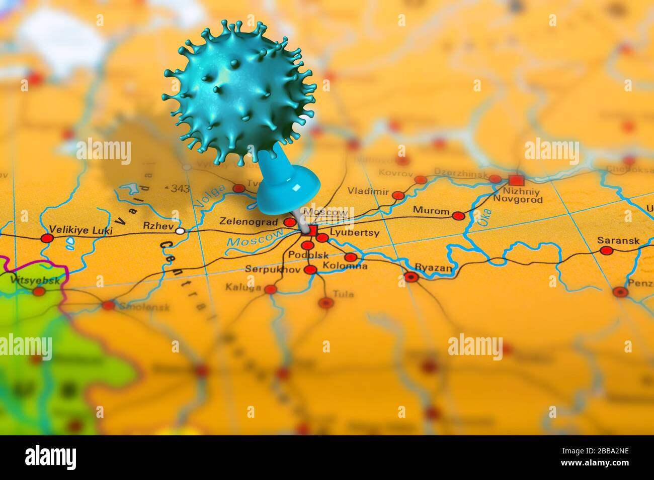 Covid-19 outbreak or new Coronavirus, 2019-nCoV, virus pin in Moscow on map of Russia. Covid 19-NCP virus: contagion and propagation of disease in Stock Photo