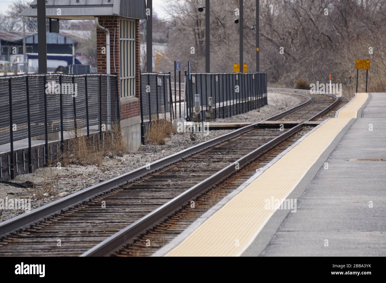 Empty Metra commuter rail station in suburban Chicago during the COVID-19 pandemic. Stock Photo