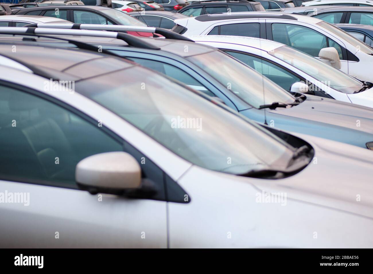 Parking with cars and no spaces. Close up. Stock Photo