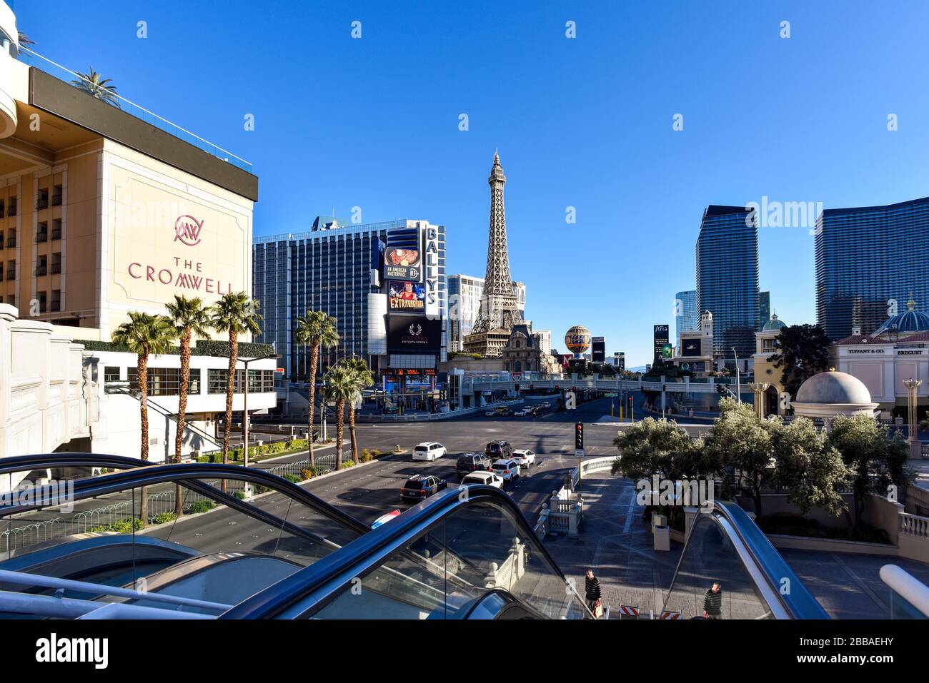 One week into the Las Vegas shut down due to Coronavirus, the Strip is fairly empty. No people on the streets and everything is closed. Stock Photo