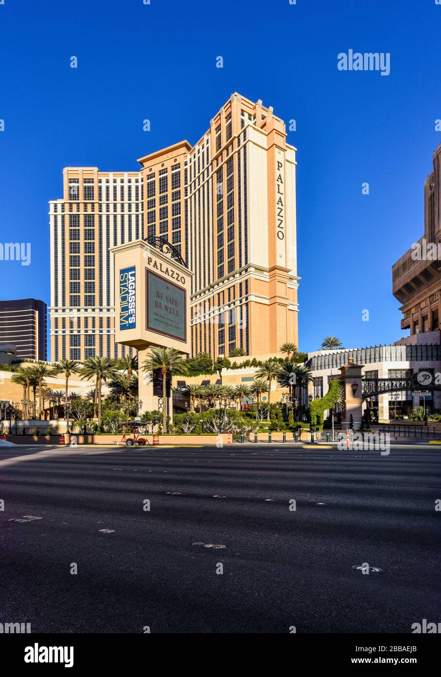 One week into the Las Vegas shut down due to Coronavirus, the Strip is fairly empty. No people on the streets and everything is closed. Stock Photo