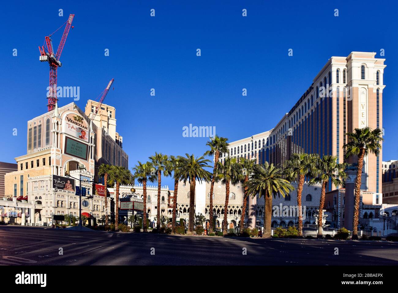 One week into the Las Vegas shut down due to Coronavirus, the Strip is fairly empty. No people on the streets and everything is closed. Stock Photo