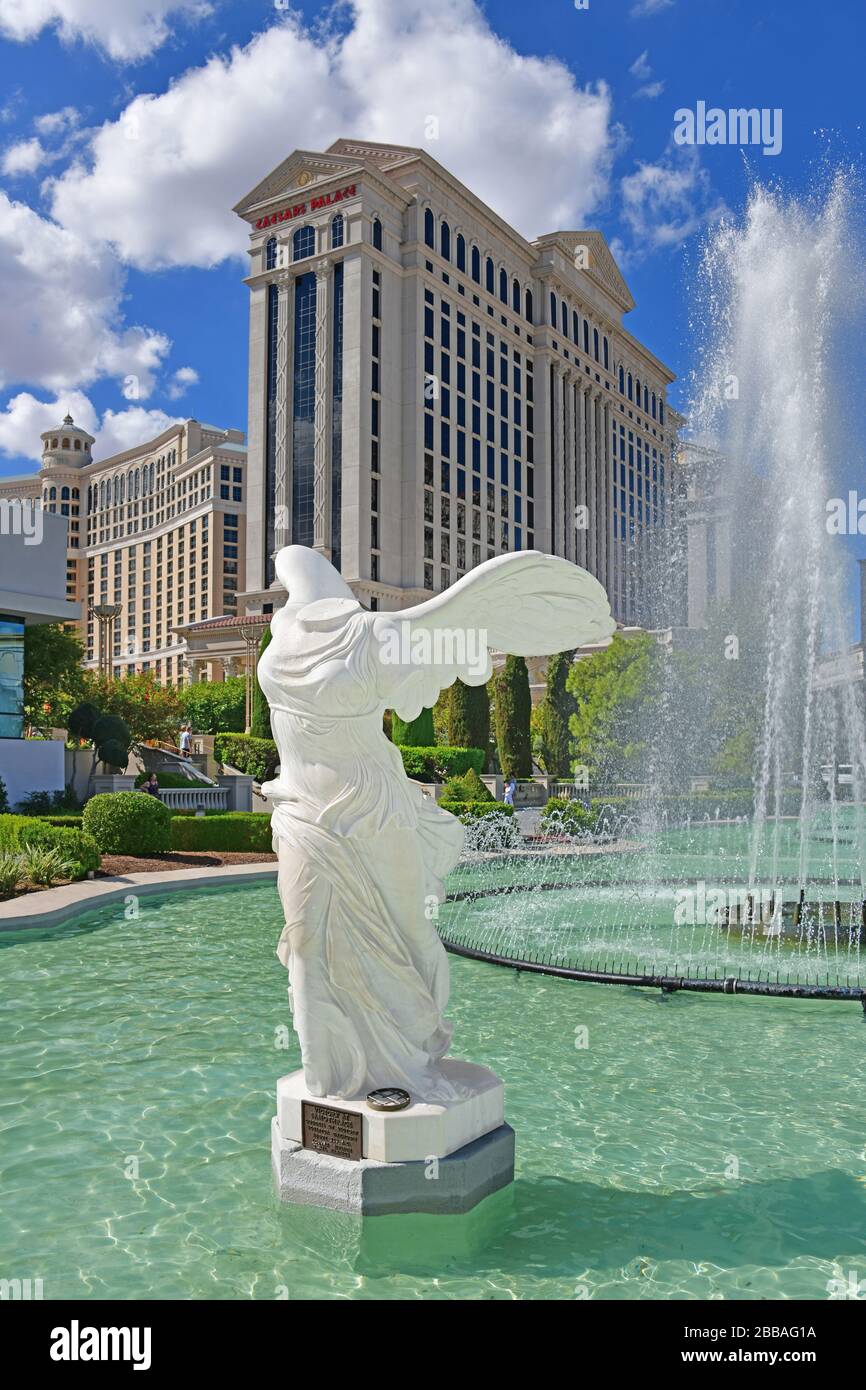 Caesars Palace Las Vegas NV, USA 10-03-18 Public art. Full-length winged female of Nike, the goddess of Victory. The statue is part of a fountain. Stock Photo