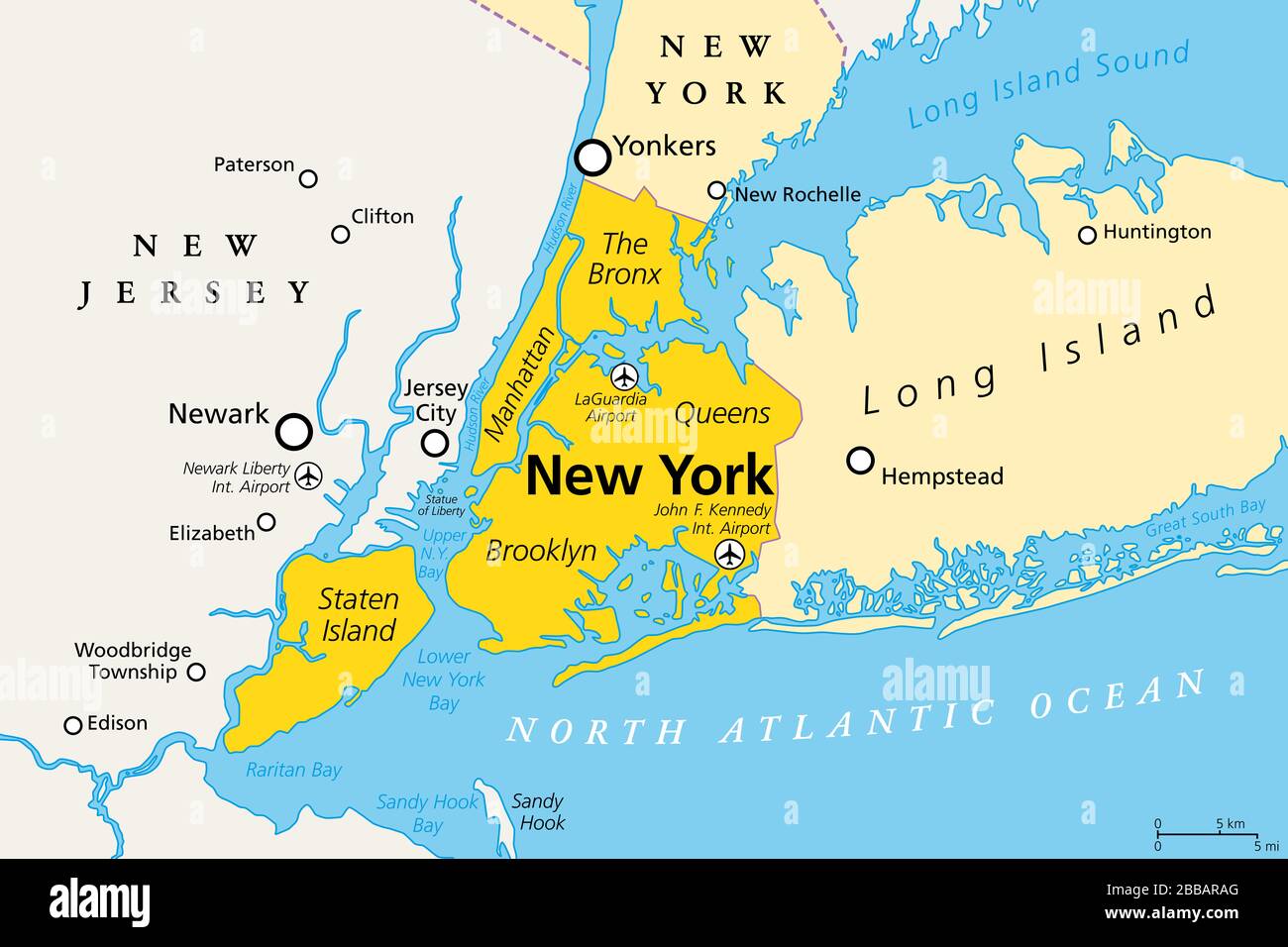 New York City, political map. Most populous city in United States, located in the state of New York. Manhattan, Bronx, Queens, Brooklyn, Staten Island. Stock Photo