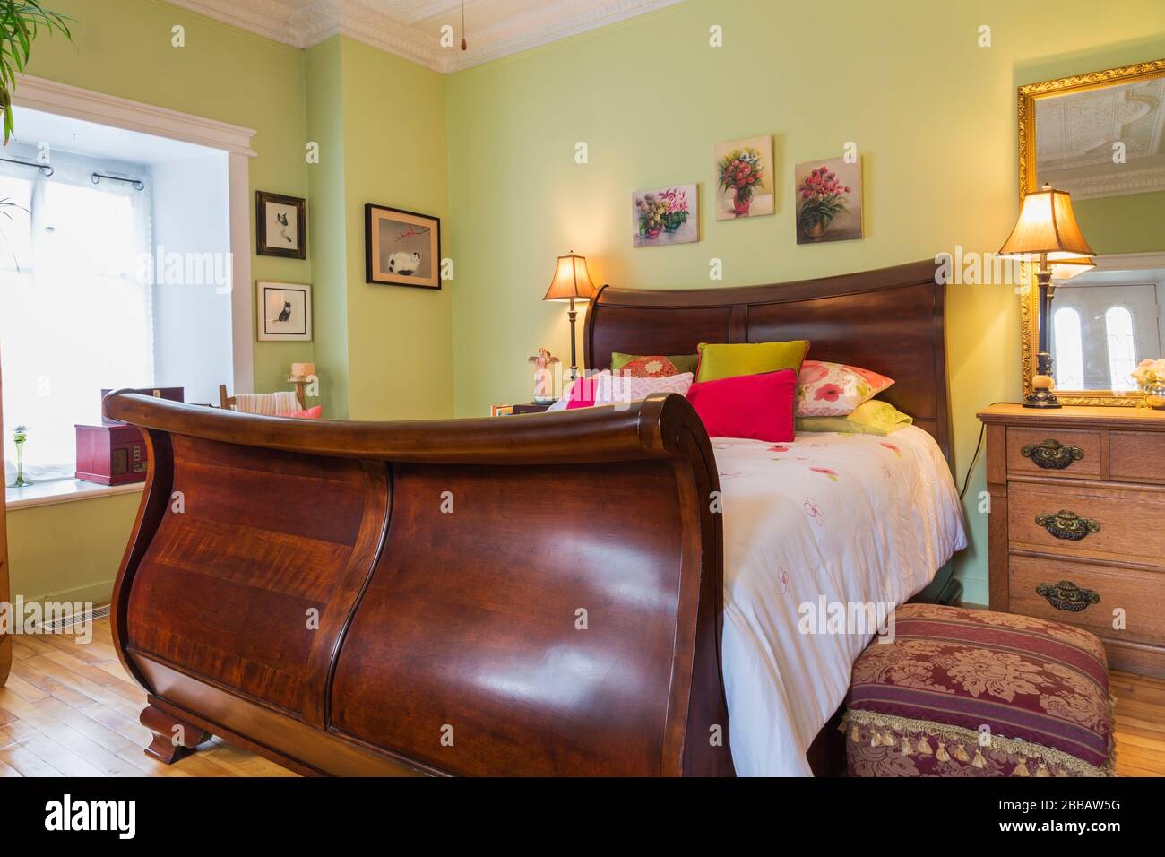 Queen Size Cherry Wood Sleigh Bed And Oak Wood Dresser In Ground