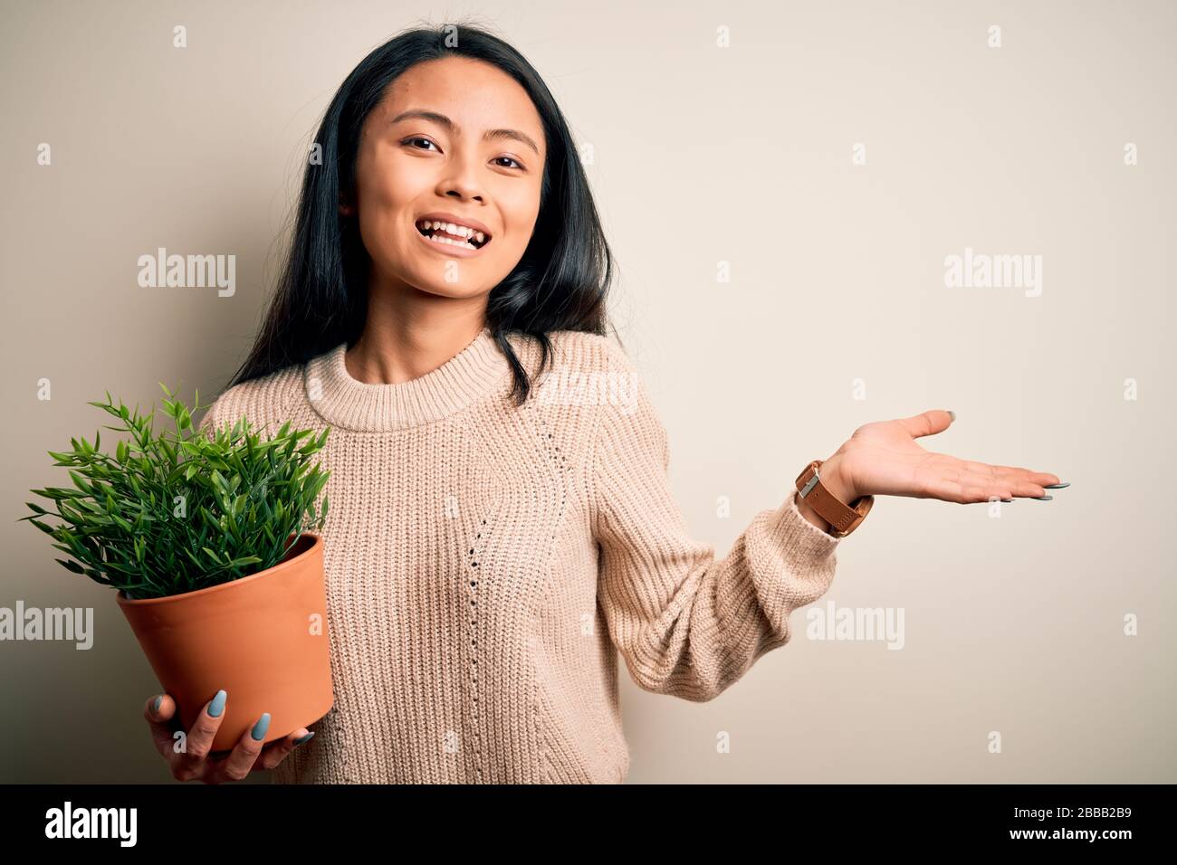 Young beautiful chinese woman holding plant pot standing over isolated white background very happy and excited, winner expression celebrating victory Stock Photo