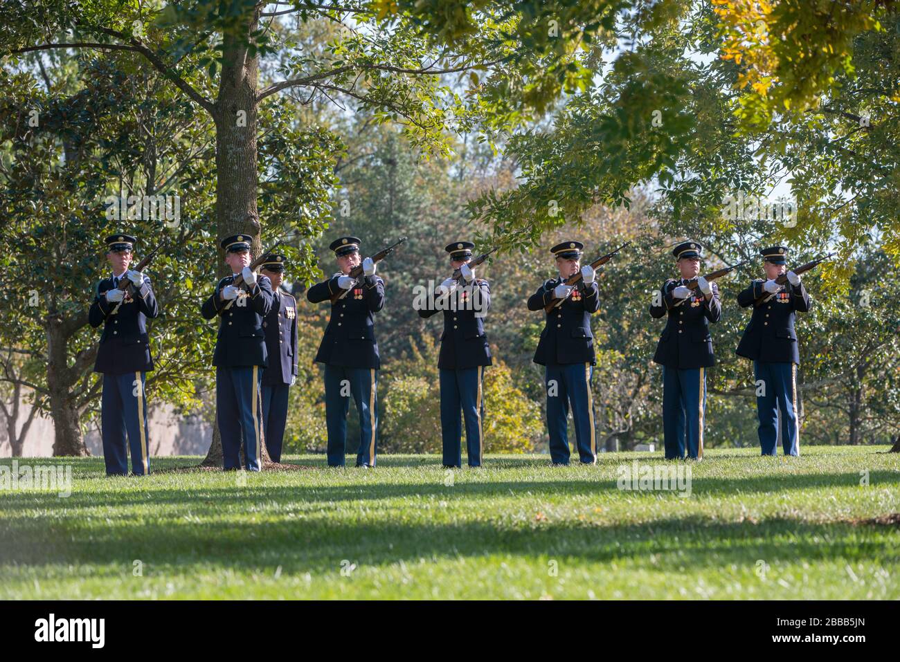 'The 3d U.S. Infantry Regiment (The Old Guard) Firing Party fires 3 volleys during the funeral of U.S. Army Staff Sgt. Alexander Dalida in Section 60 of Arlington National Cemetery, Arlington, Virginia, Oct. 25, 2017.  Dalida, 32, of Dunstable, Massachusetts, was enrolled in the Special Forces Qualification Course at the U.S. Army John F. Kennedy Special Warfare Center and School when he died during a training exercise at Fort Bragg, North Carolina, Sept. 14, 2017. (U.S. Army photo by Elizabeth Fraser / Arlington National Cemetery / released); 25 October 2017, 15:18; Graveside Service for U.S. Stock Photo