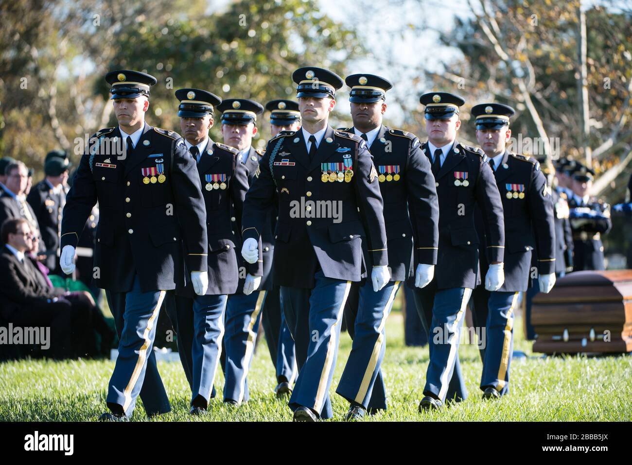 'The U.S. Army Honor Guard, The 3d U.S. Infantry Regiment (The Old Guard) Caisson Platoon, and The U.S. Army Band, “Pershing’s Own”, conduct the funeral of U.S. Army Staff Sgt. Bryan Black in Section 60 of Arlington National Cemetery, Arlington, Virginia, Oct. 30, 2017.  Black, a native of Puyallup, Washington, was assigned to Company A, 2nd Battalion, 3rd Special Forces Group (Airborne) on Fort Bragg, North Carolina when he died from wounds sustained during enemy contact in the country of Niger in West Africa, Oct. 4, 2017.  Ryan McCarthy, acting secretary, U.S. Army; Gen. Mark Milley, chief Stock Photo