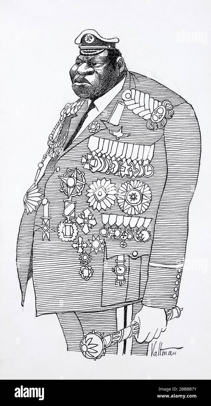 'Caricature shows Idi Amin, President of Uganda from 1971 to 1979 as a bloated, powerful figure in military dress covered with medals and insignia, holding a sceptor, and crowned by a small head with heavy features. While President of Uganda from 1971 to 1979, Idi Amin committed appalling acts of violence against the people of his country. A career army officer, Amin overthrew the elected government of Milton Obote in 1971. During Amin's first year in office, he ordered massacres of troops whom he suspected of disloyalty. In 1972, he expelled Uganda's Indian and Pakistani populations, people w Stock Photo