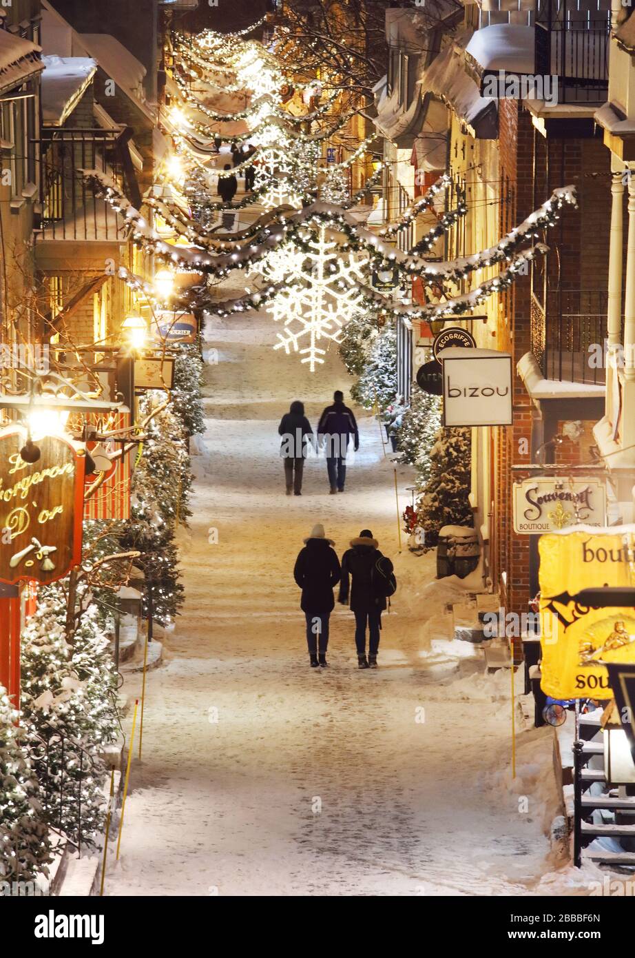 Nightime scene of rue Petit Champlain, a pedestrian shopping street located in Old Quebec City's Lower Town, Quebec City, Quebec, Canada Stock Photo