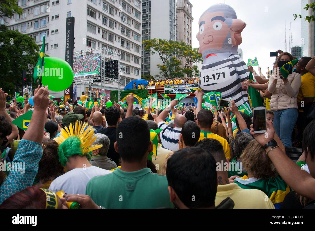 Sao Paulo, SP, Brazil, 2018/10/21, Demonstration pro presidential candidate Jair Bolsonaro on Paulista Avenue,next to sound truck an inflatable doll o Stock Photo