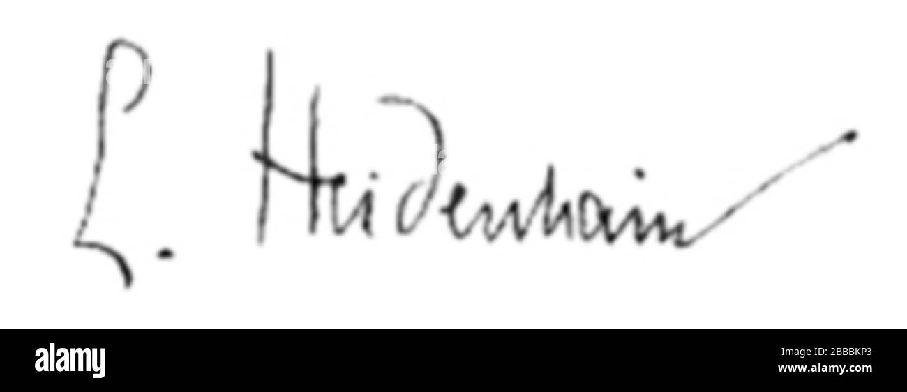 'Deutsch: Unterschrift von Lothar Heidenhain, aus der „Galerie hervorragender Ärzte und Naturforscher“ (Beilage zur Münchner medizinischen Wochenschrift); circa 1930 date QS:P,+1930-00-00T00:00:00Z/9,P1480,Q5727902; http://clendening.kumc.edu/dc/pc/heidenhainl.jpg; Lothar Heidenhain; ' Stock Photo