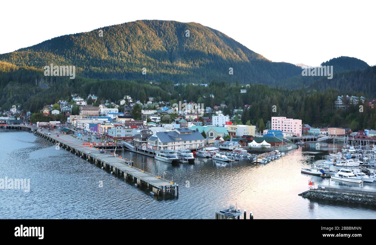 Town center of Ketchikan and its port as seen from an arriving cruise ship, Ketchikan, Alaska, U.S.A. Stock Photo