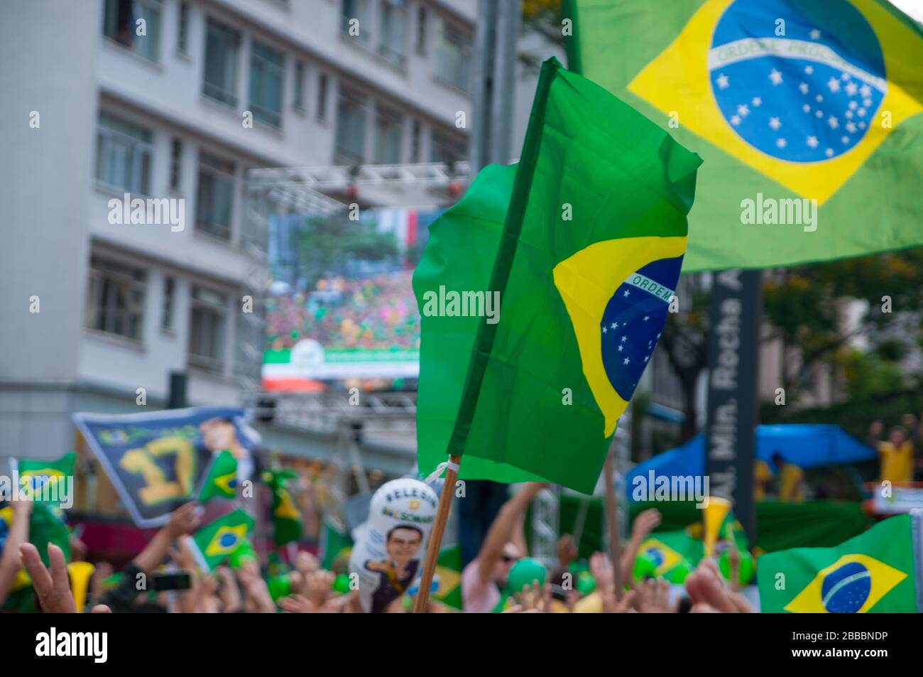 Sao Paulo, SP, Brazil, 2018/10/21, Demonstration pro presidential candidate Jair Bolsonaro on Paulista Avenue - patriotism is the call of the day agin Stock Photo