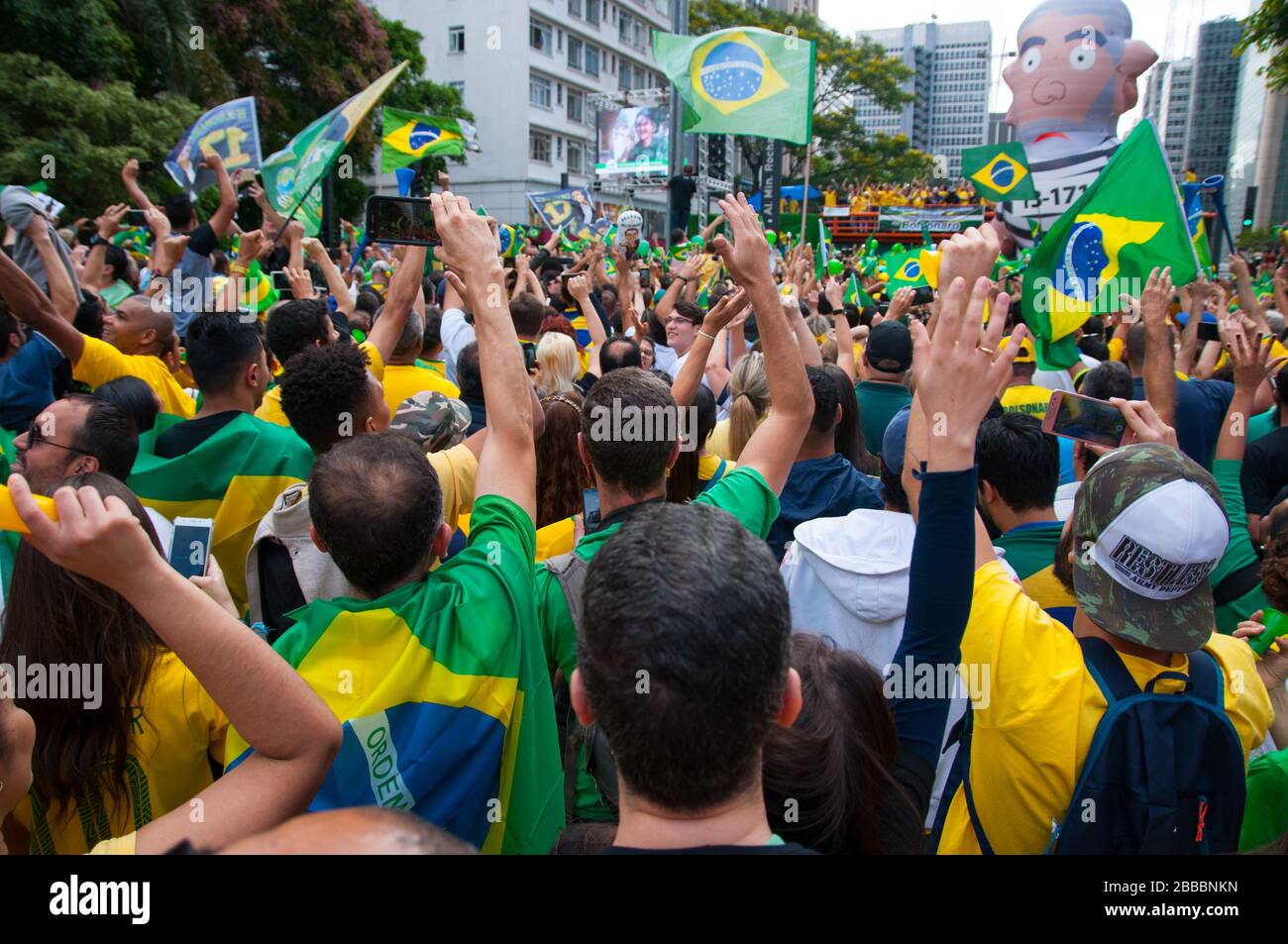 Sao Paulo, SP, Brazil, 2018/10/21, Demonstration pro presidential candidate Jair Bolsonaro on Paulista Avenue - patriotism is the call of the day agin Stock Photo