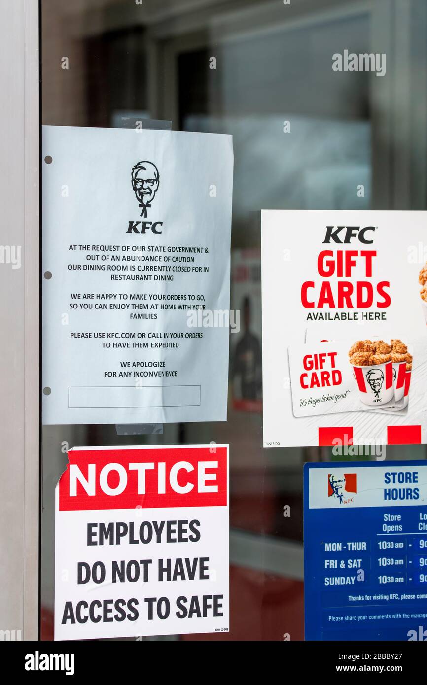 Vadnais Heights, Minnesota. Sign in the window of a KFC fast food