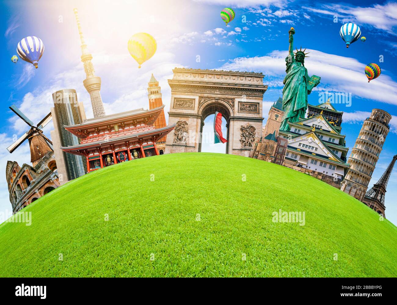 Famous landmarks of the world grouped together on green planet Earth for travel concepts Stock Photo