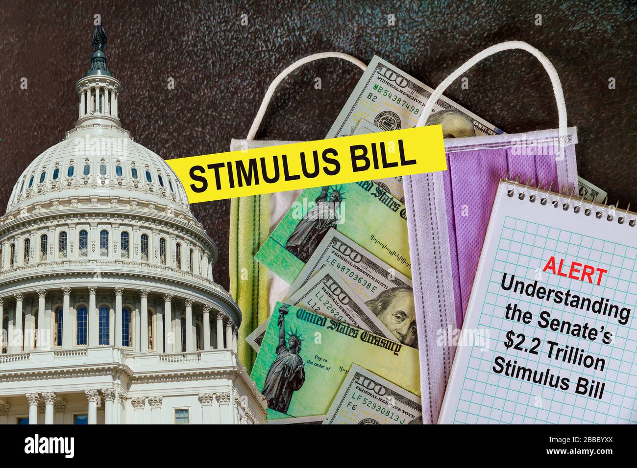 STIMULUS CHECKS Washington DC Capitol dome with Global pandemic Covid 19 lockdown Coronavirus stimulus package relief checks from government US 100 dollar bills currency Stock Photo