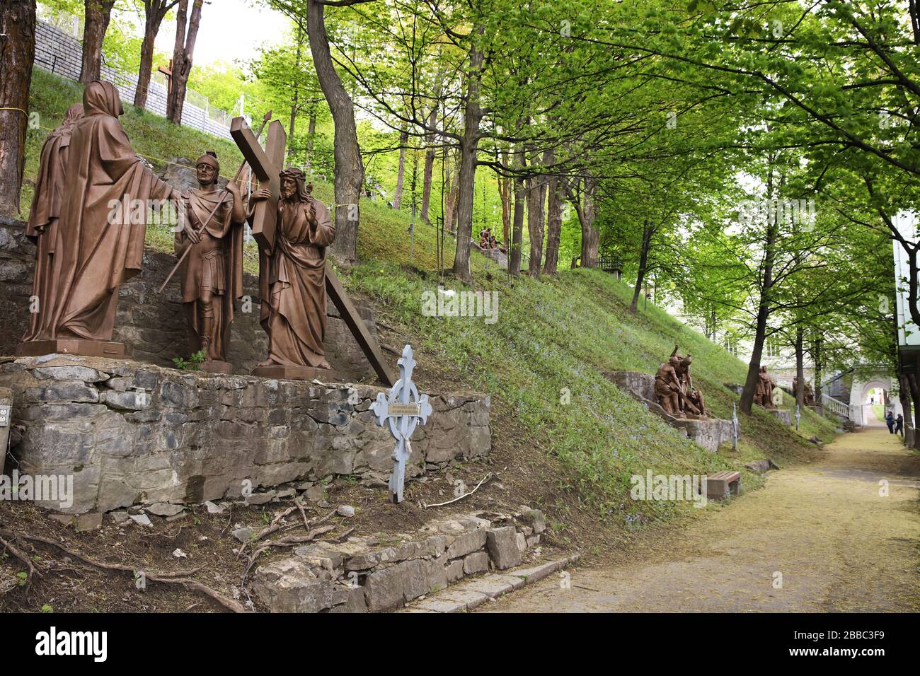 Stations of the cross along the Way of the cross on a hillside next to the Basilica of Sainte-Anne-de-Beaupre, Sainte-Anne-de-Beaupre, Quebec, Canada Stock Photo