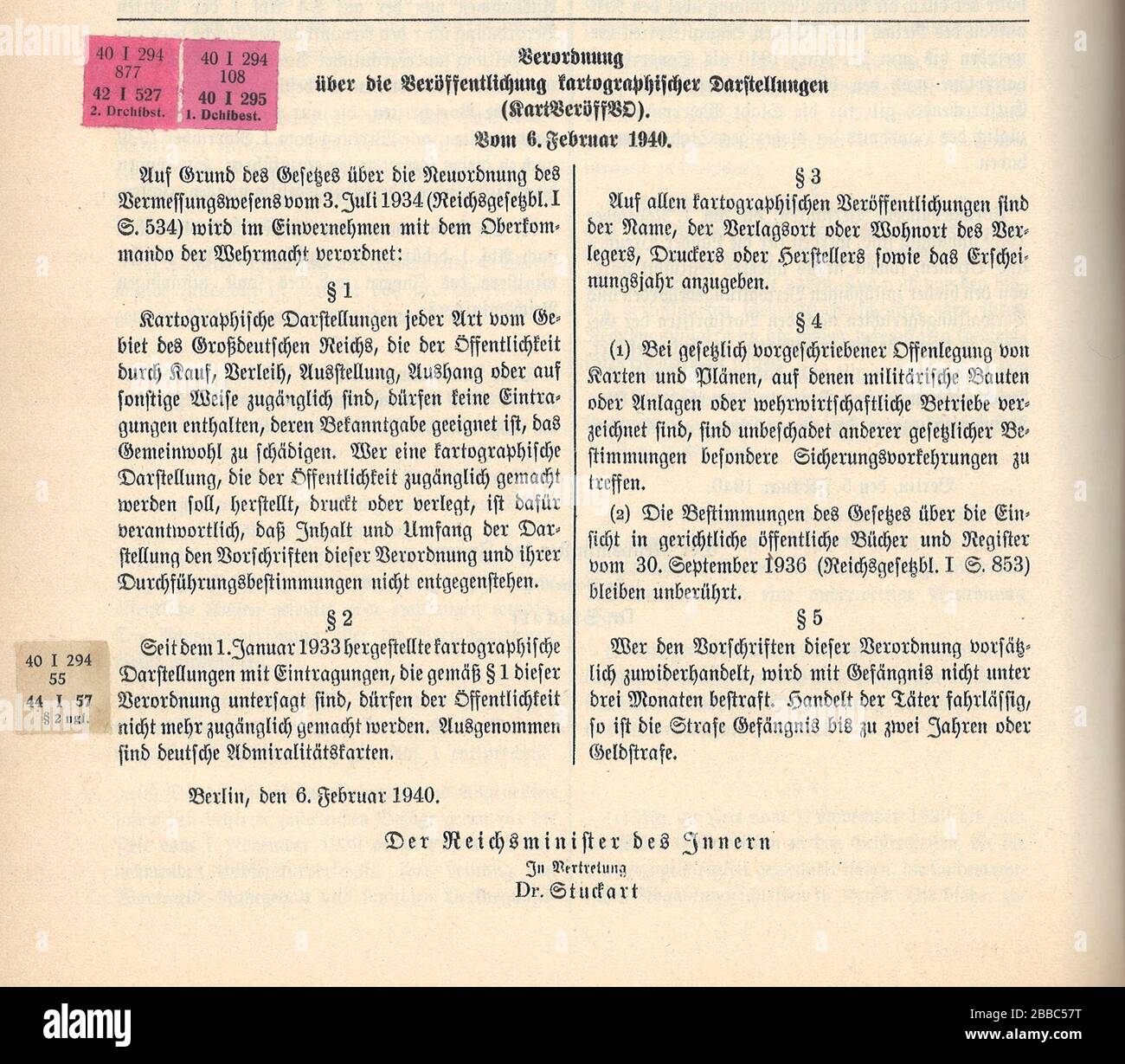 'Deutsch: RGBl. I 1940 S. 294 VO 6.2.1940 über die Veröffentlichungen kartograpischer Darstellungen; 22 April 2014; Scan von RGBl. I 1940 S. 294 VO 6.2.1940; heied; ' Stock Photo