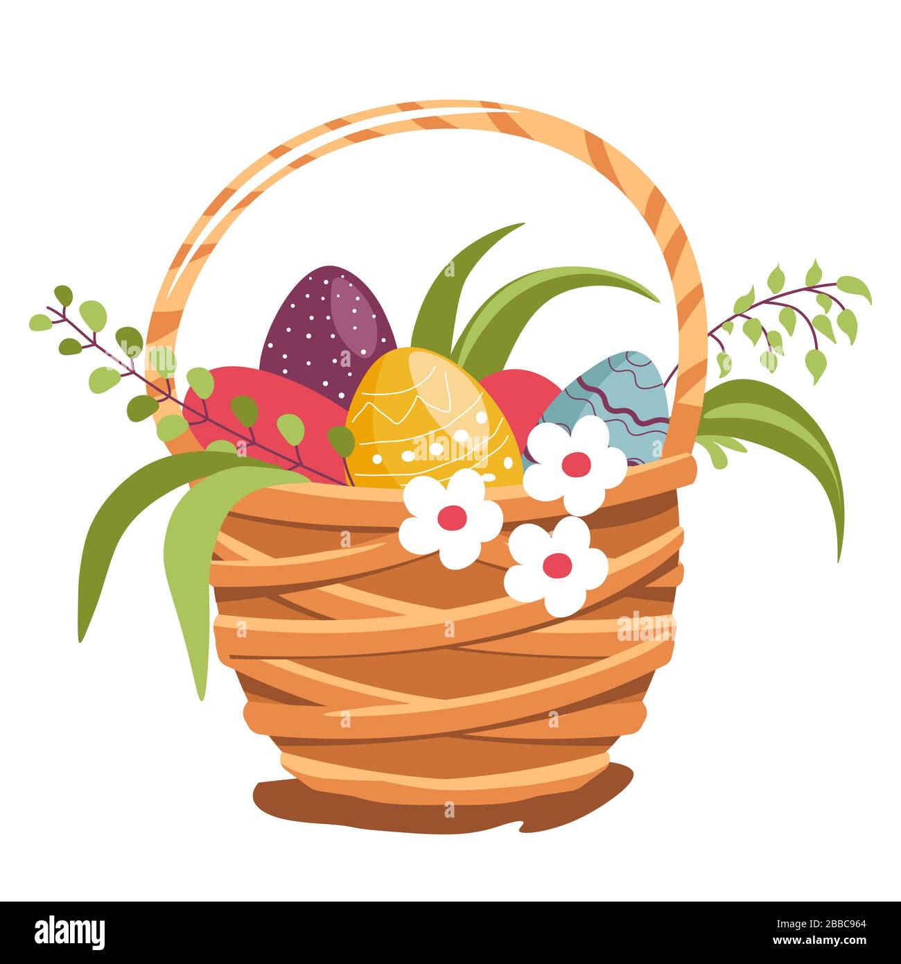 Woven basket with painted eggs and flowers for Easter Stock Vector