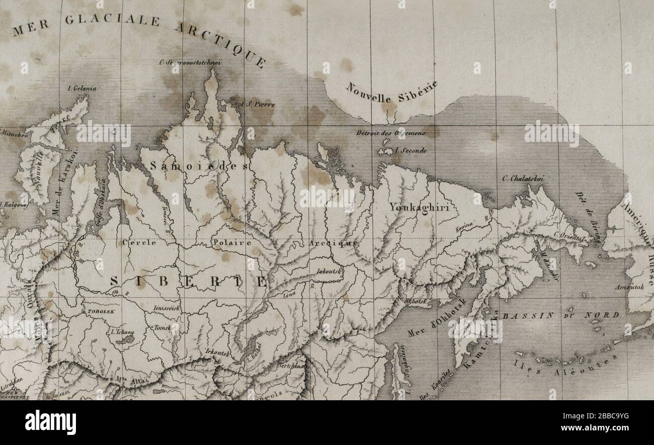 Rusia. Mapa de Siberia. Grabado por Lemaitre. Historia de Rusia por Chopin. Panorama Universal, edición española de 1839. Stock Photo