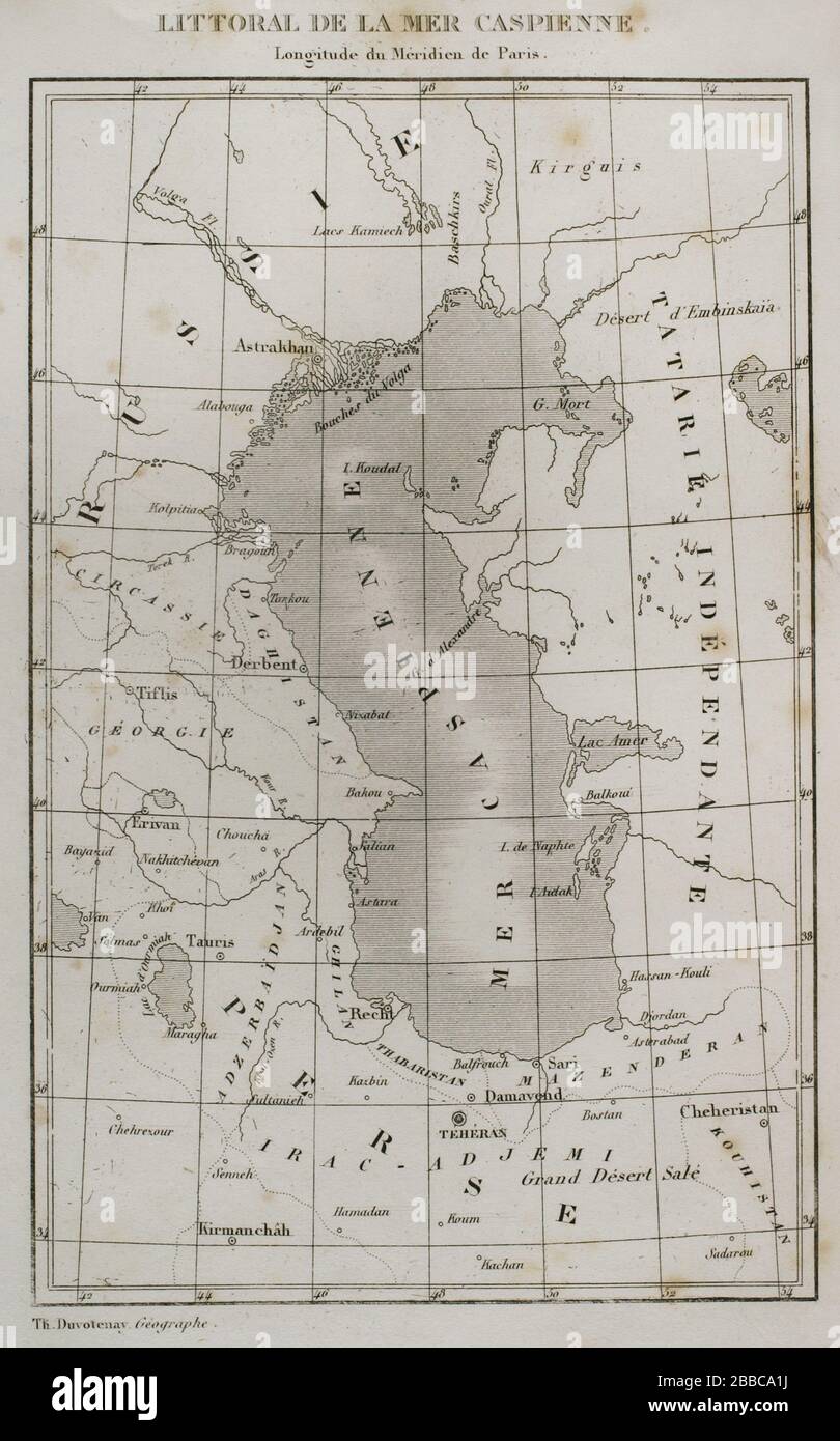 Litoral del Mar Caspio. Mapa por el geógrafo Th. Duvotenay. Historia de Rusia por Chopin. Panorama Univeral, edición española de 1839. Stock Photo